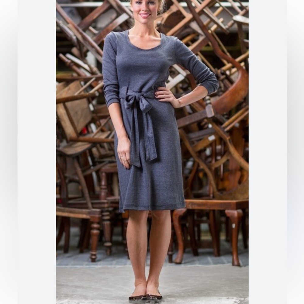 Shabby Apple Belinda Heathered Gray Stretch Knit Tie Waist 3/4 Sleeve Dress Sz 6